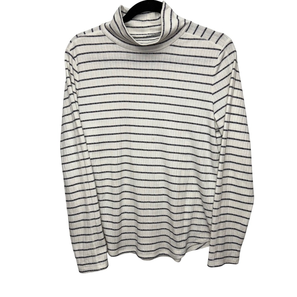 T by Talbots Womens Navy White Striped Ribbed Mock Neck Long Sleeve Top Large